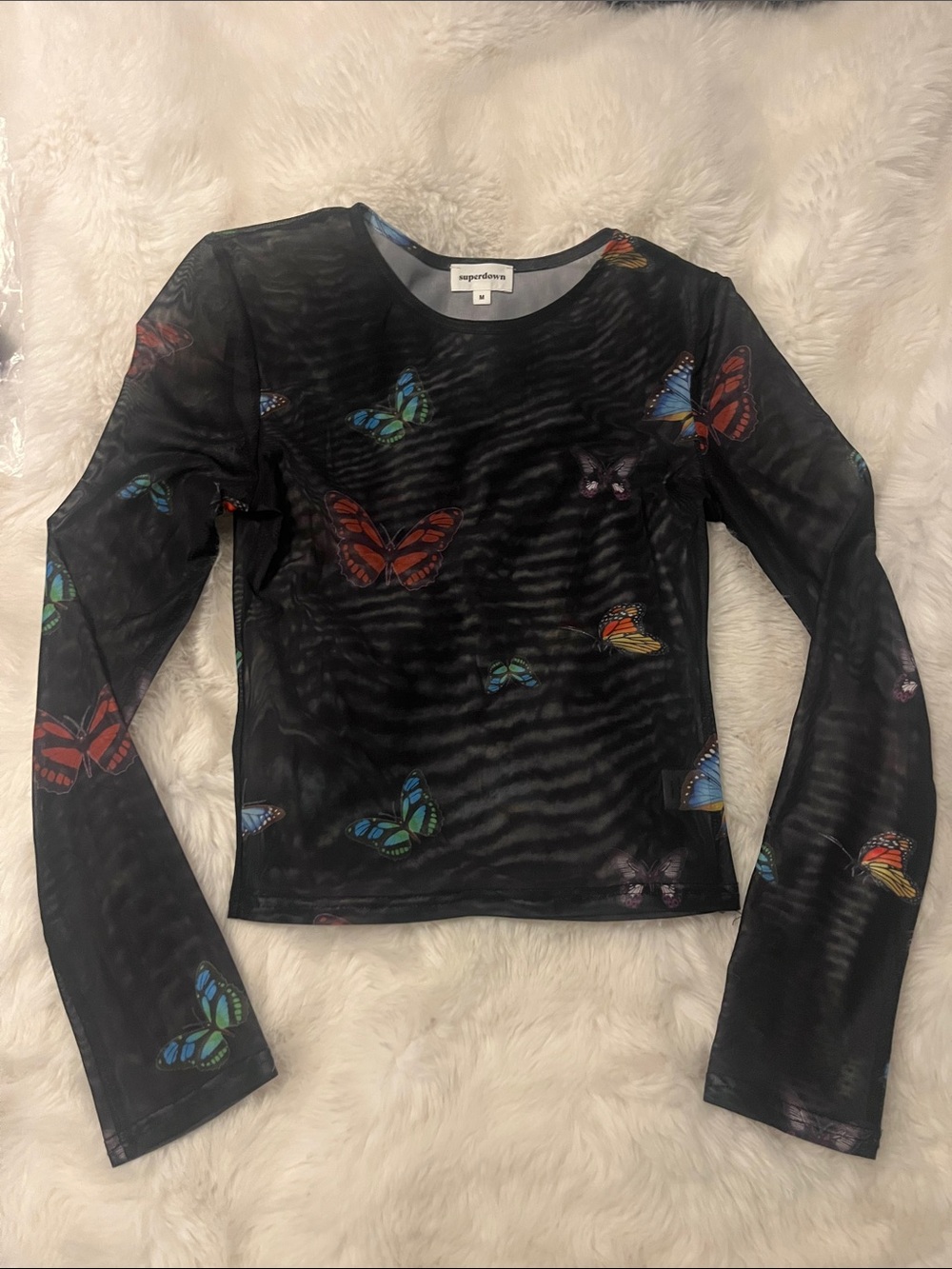 superdown Black Mesh Long Sleeve Top with Multicolor Butterfly Print